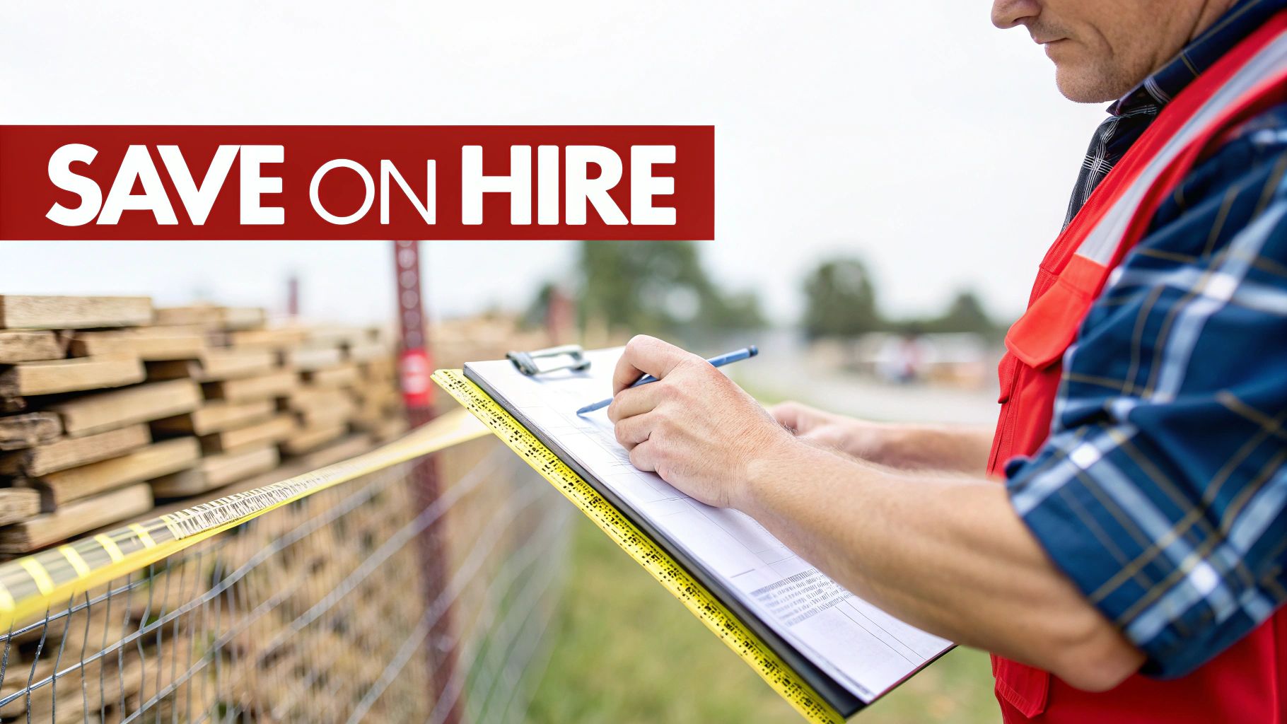 Construction worker in safety vest writing on clipboard near temporary fencing at worksite