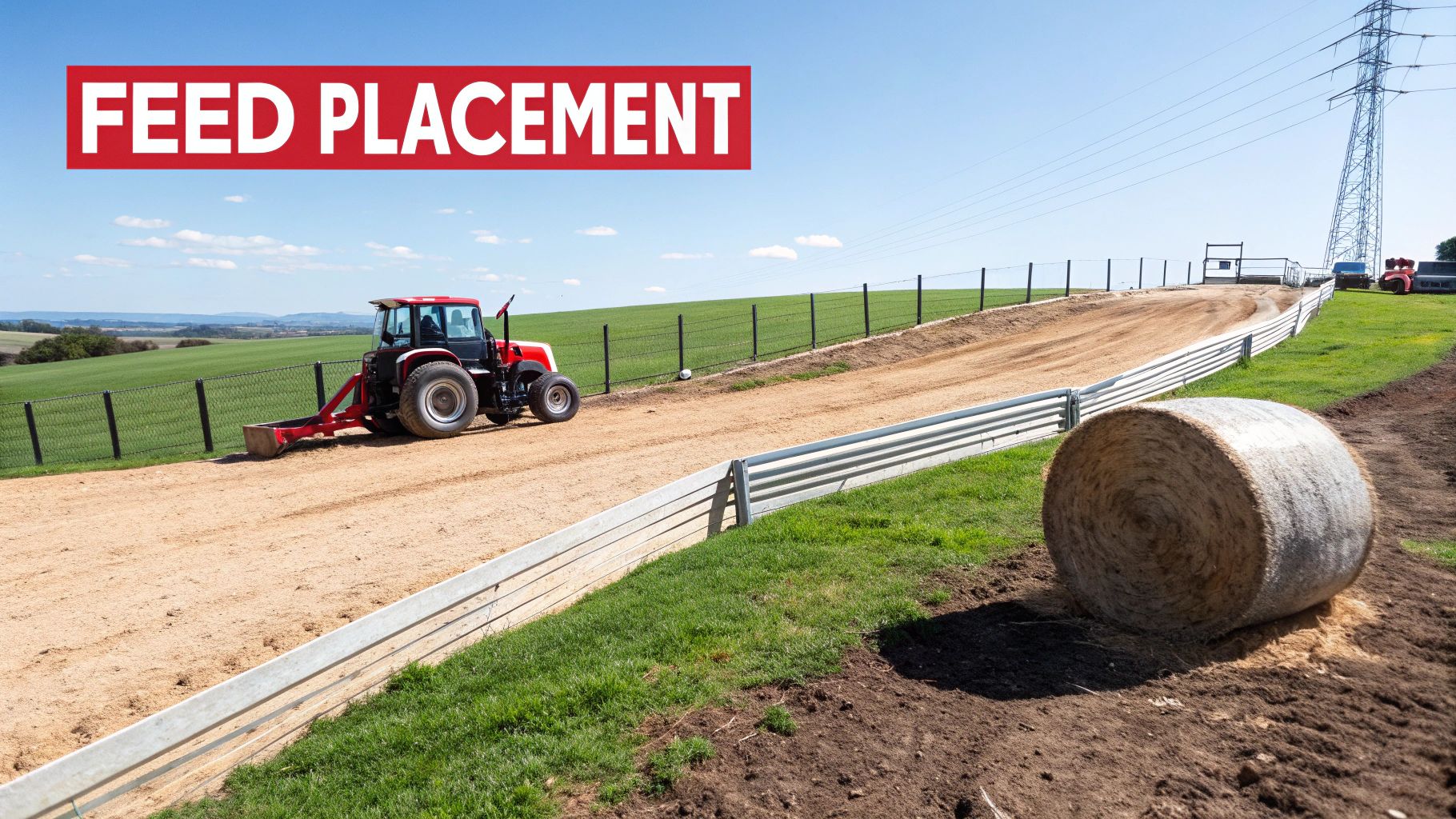 Red tractor working on dirt race track with metal guardrails and round hay bale