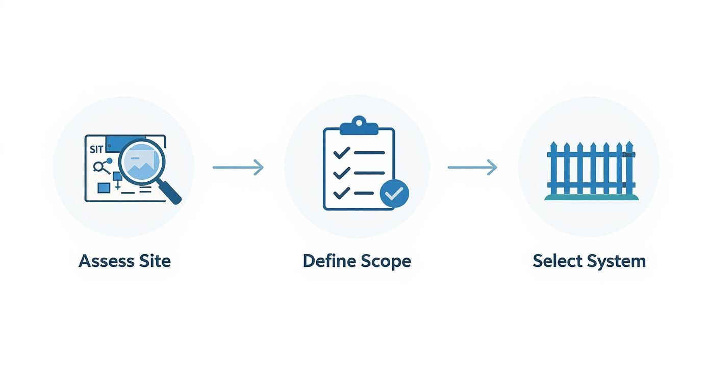 Three-step process workflow showing site assessment, scope definition, and system selection for fencing