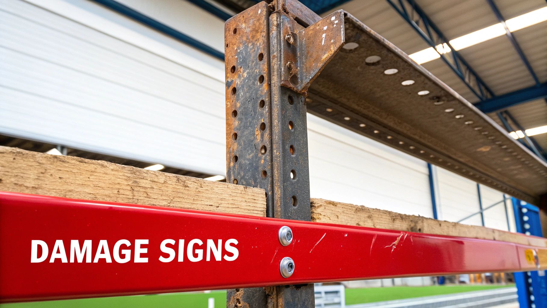 A close-up view of damaged warehouse racking, highlighting a dented upright.