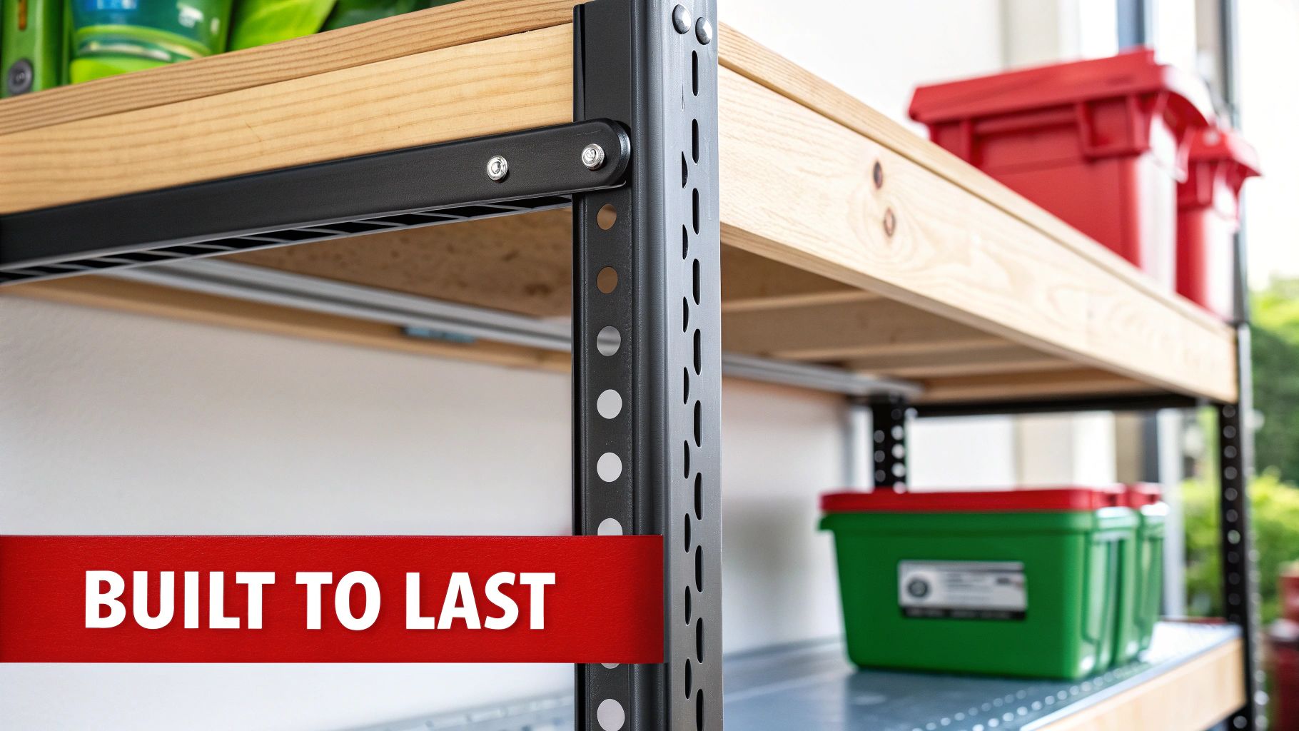 A close-up of a sturdy, powder-coated steel shelving unit in a garage, highlighting its durable construction.