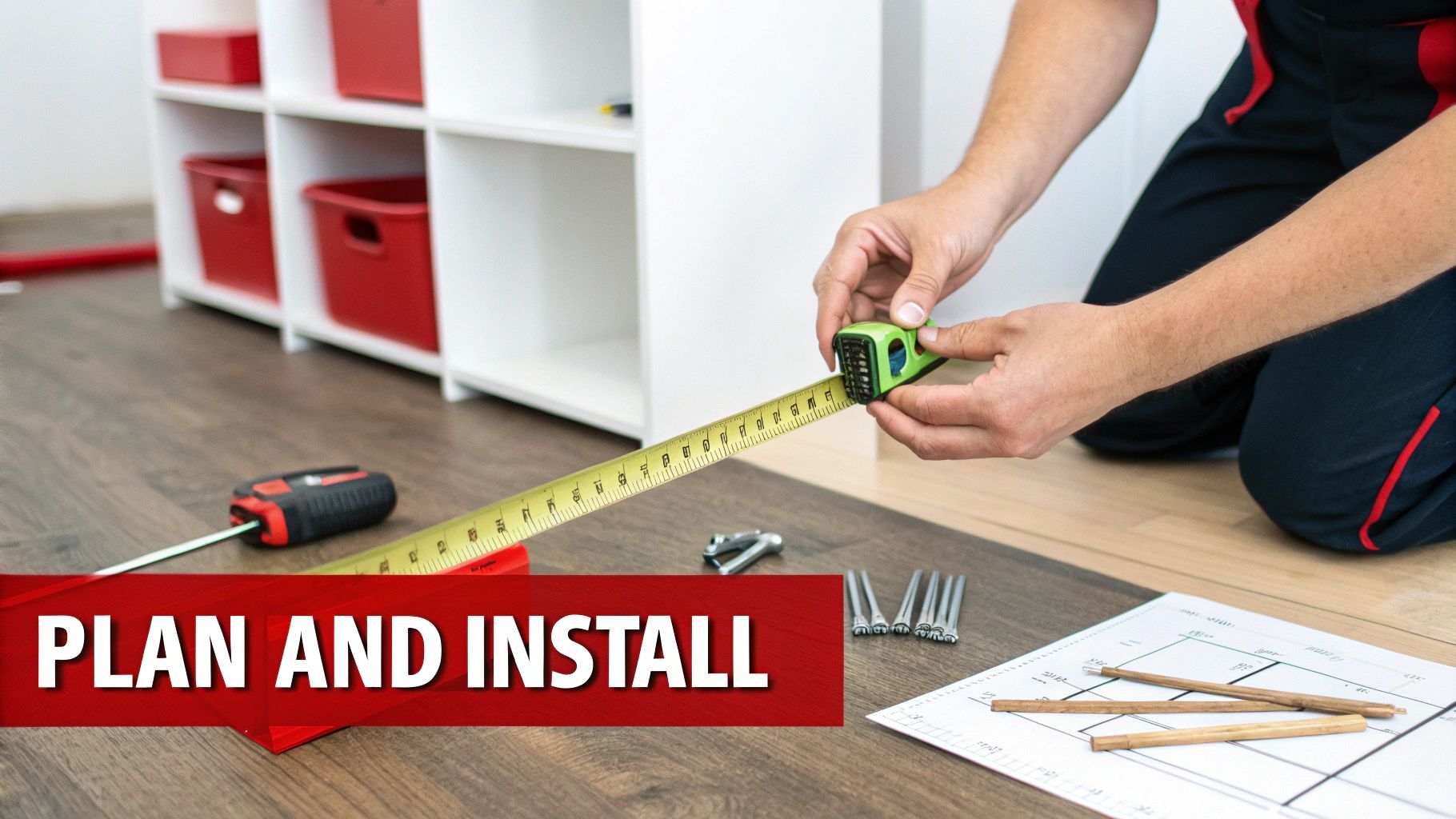 Person measuring the floor for a white storage shelf unit installation, with tools and plans nearby.