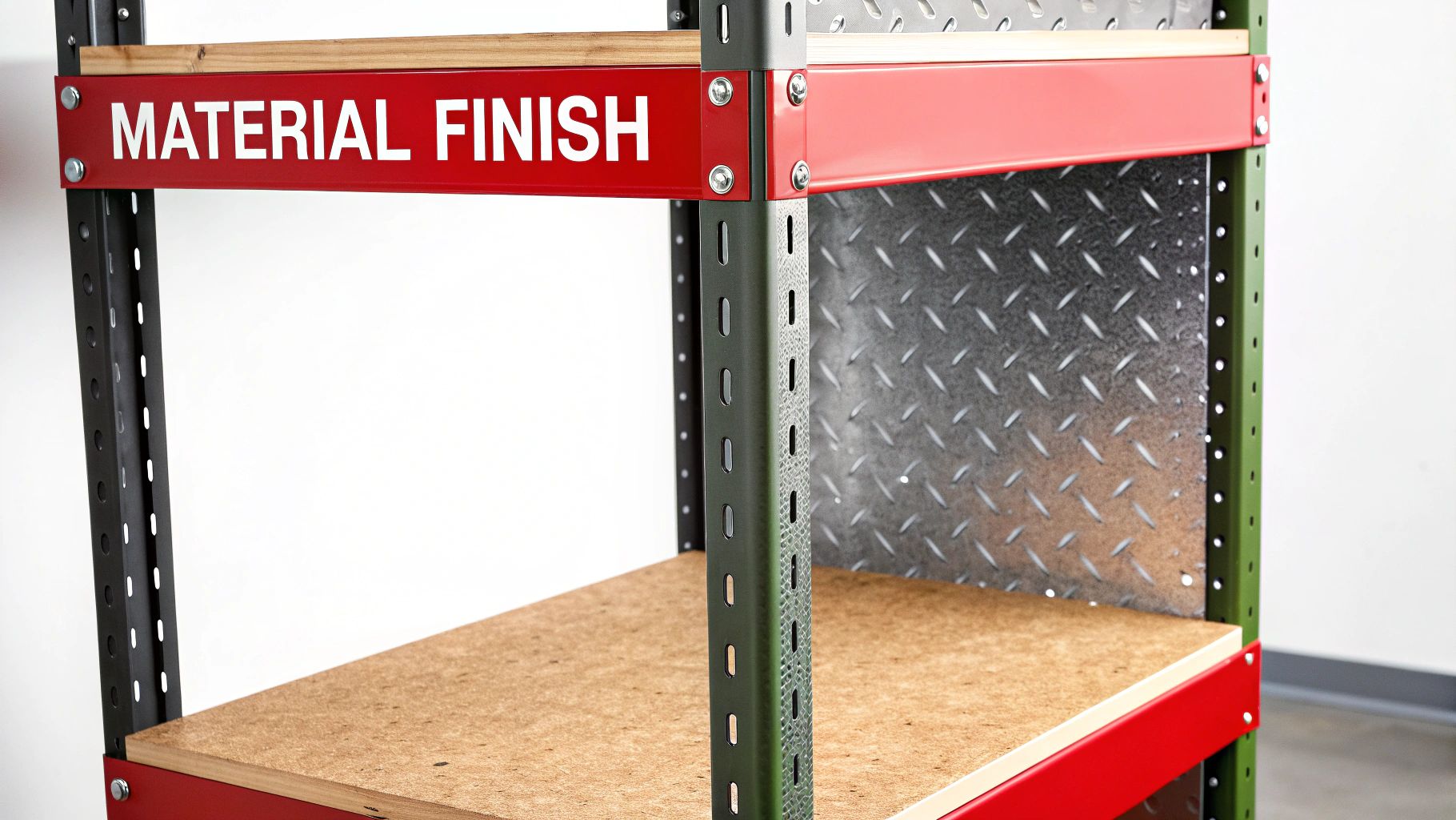 A close-up of a galvanised steel storage shelf unit showing its protective finish.