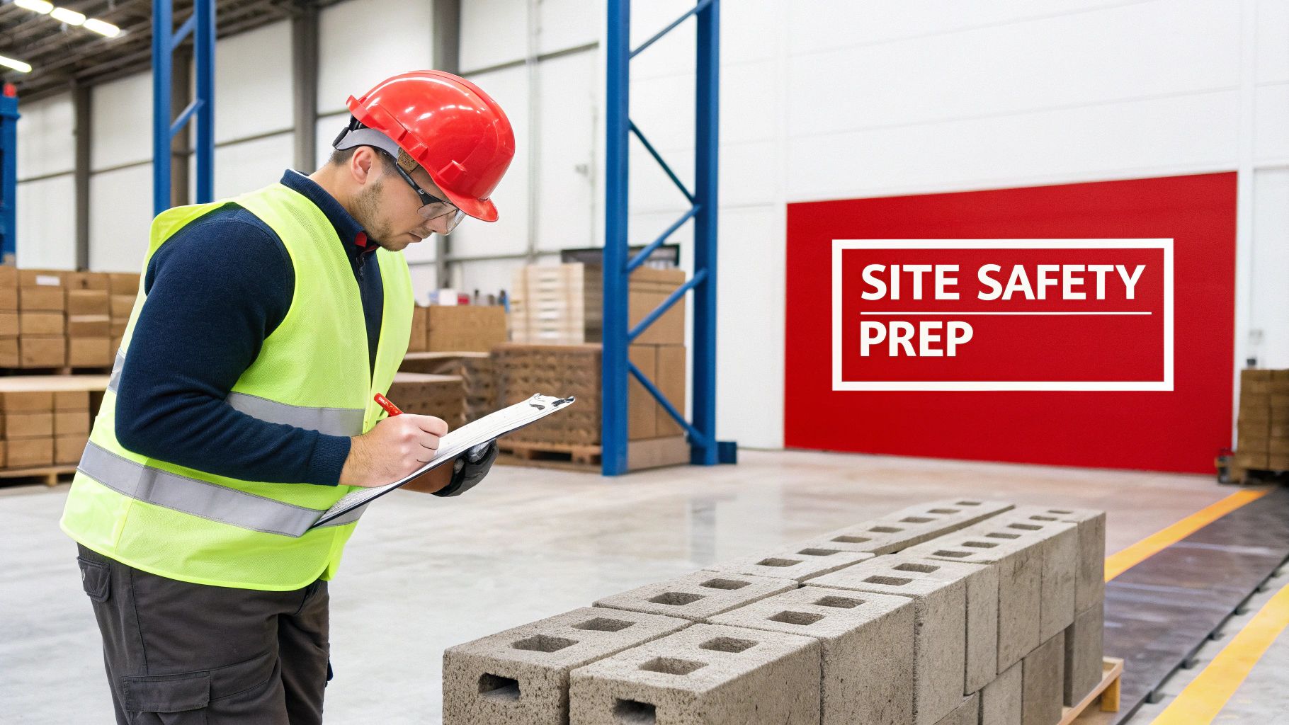 Pallet racking components laid out on a clean warehouse floor before installation.