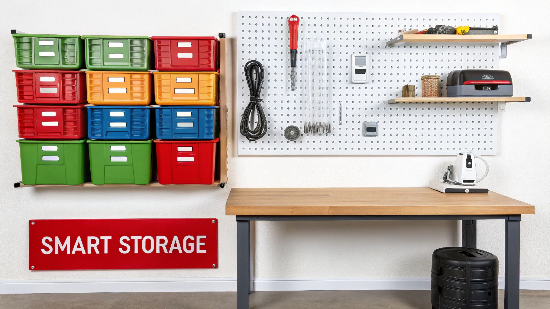 A person safely assembling a garage workbench and storage shelving unit in a clean, well-lit garage.