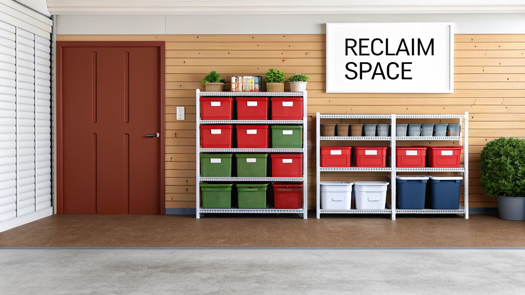 Organized storage room with white shelving units, red, green, blue, and white bins, a brown door, and a 'RECLAIM SPACE' sign.
