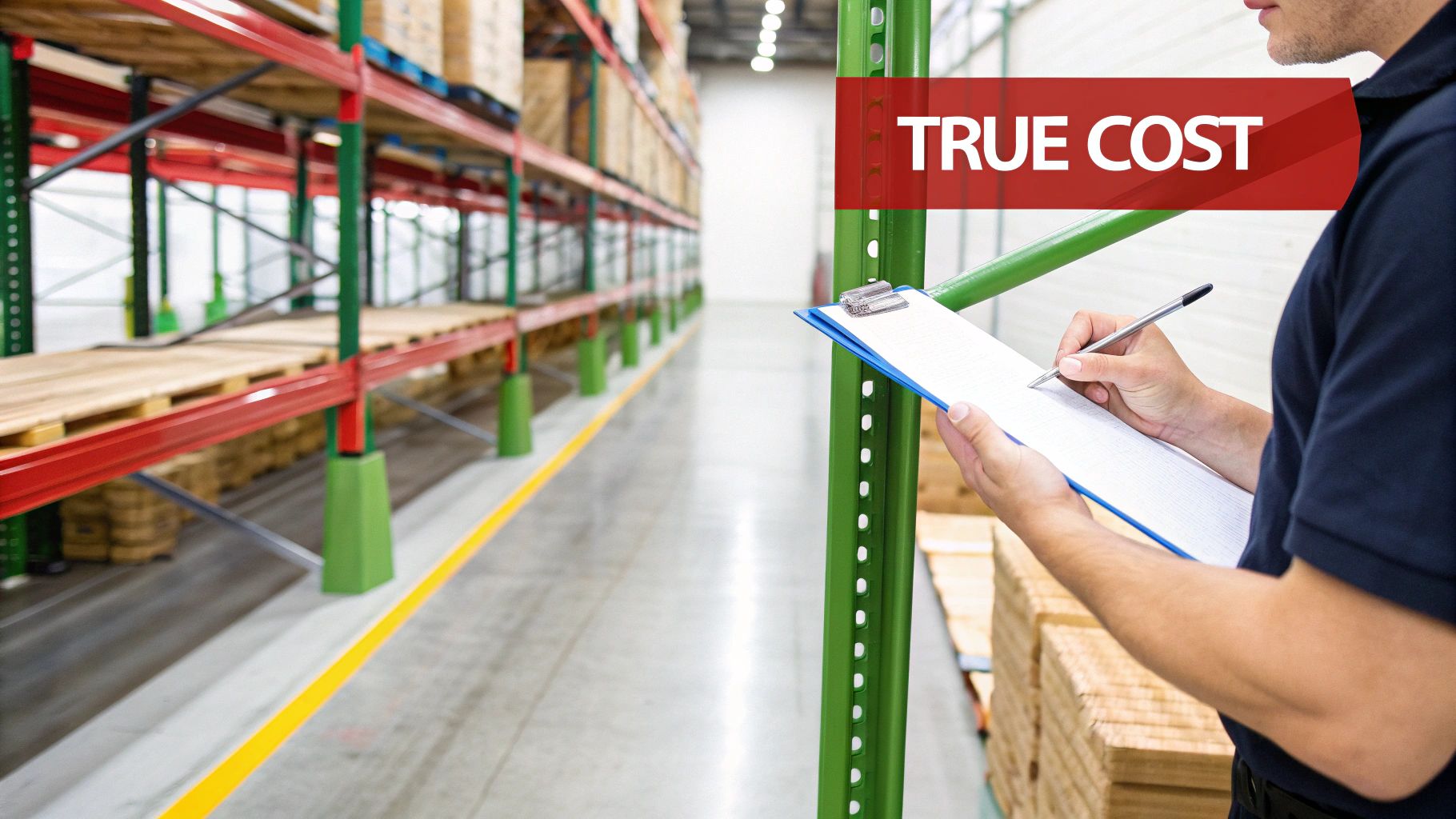 A man writes on a clipboard in a warehouse with pallet racking and a 'TRUE COST' banner.