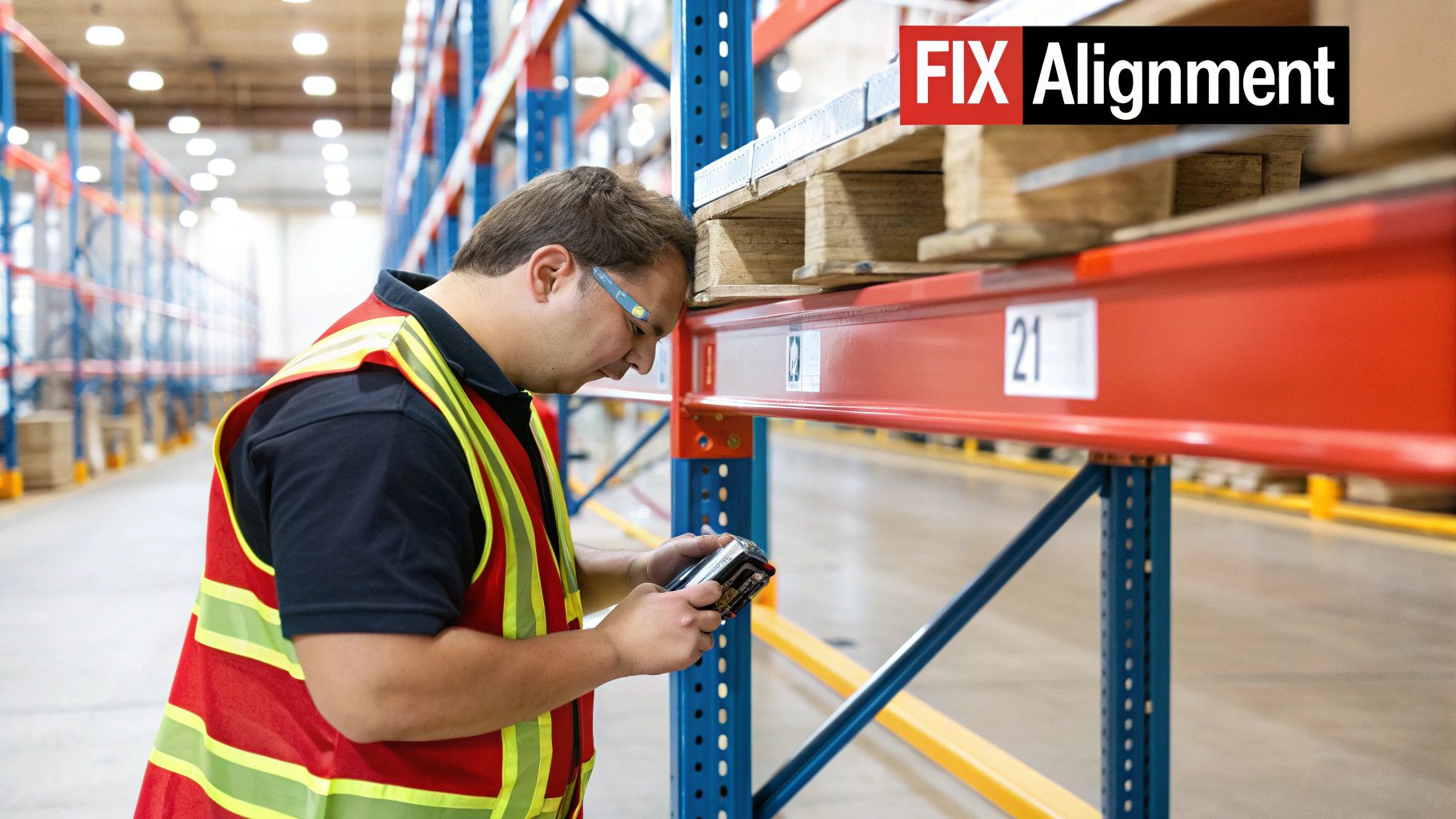 A warehouse manager with a tablet stands in front of newly installed racking, looking thoughtful.