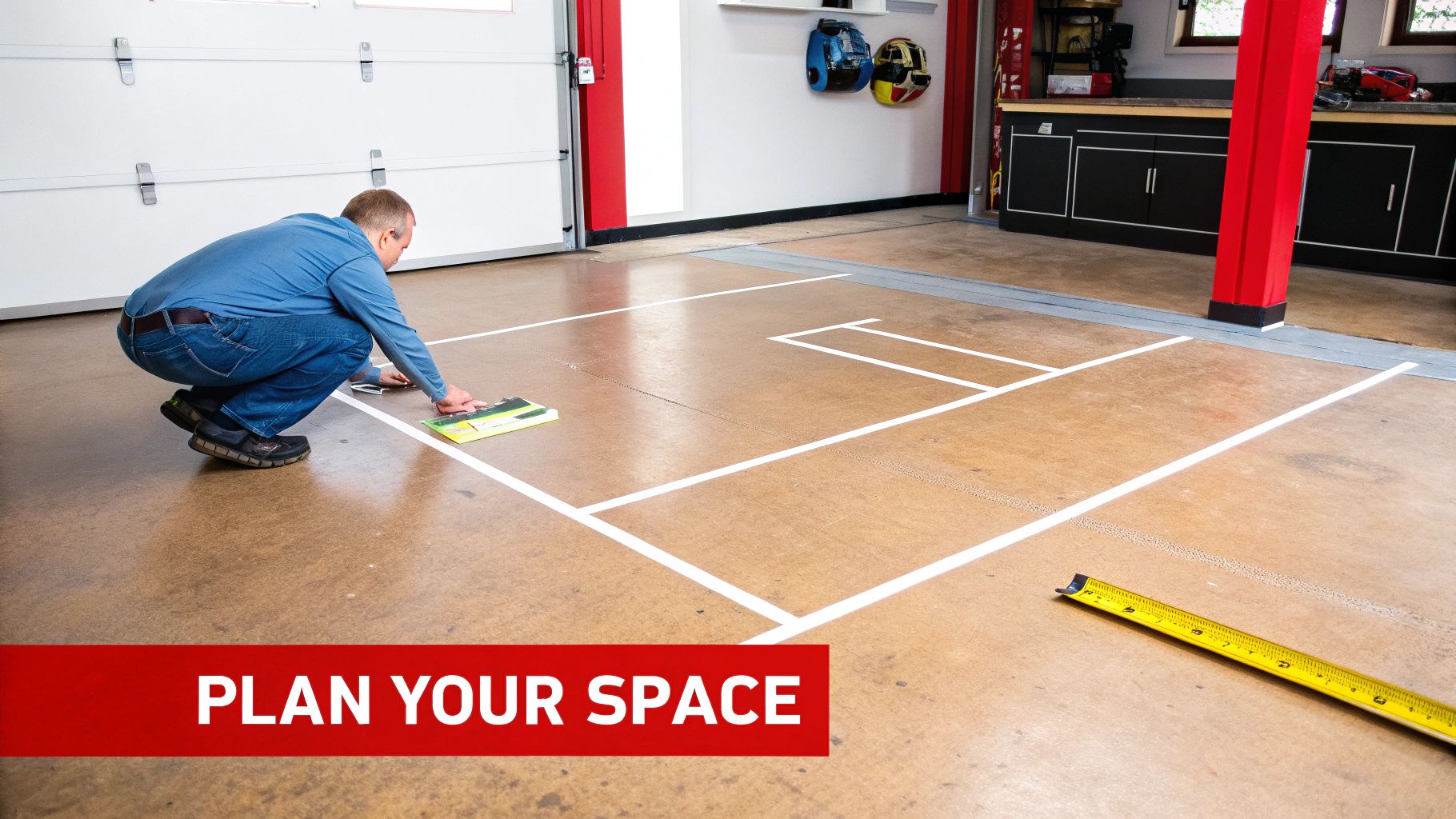 A man plans a garage layout using white tape on the concrete floor, next to a workbench.
