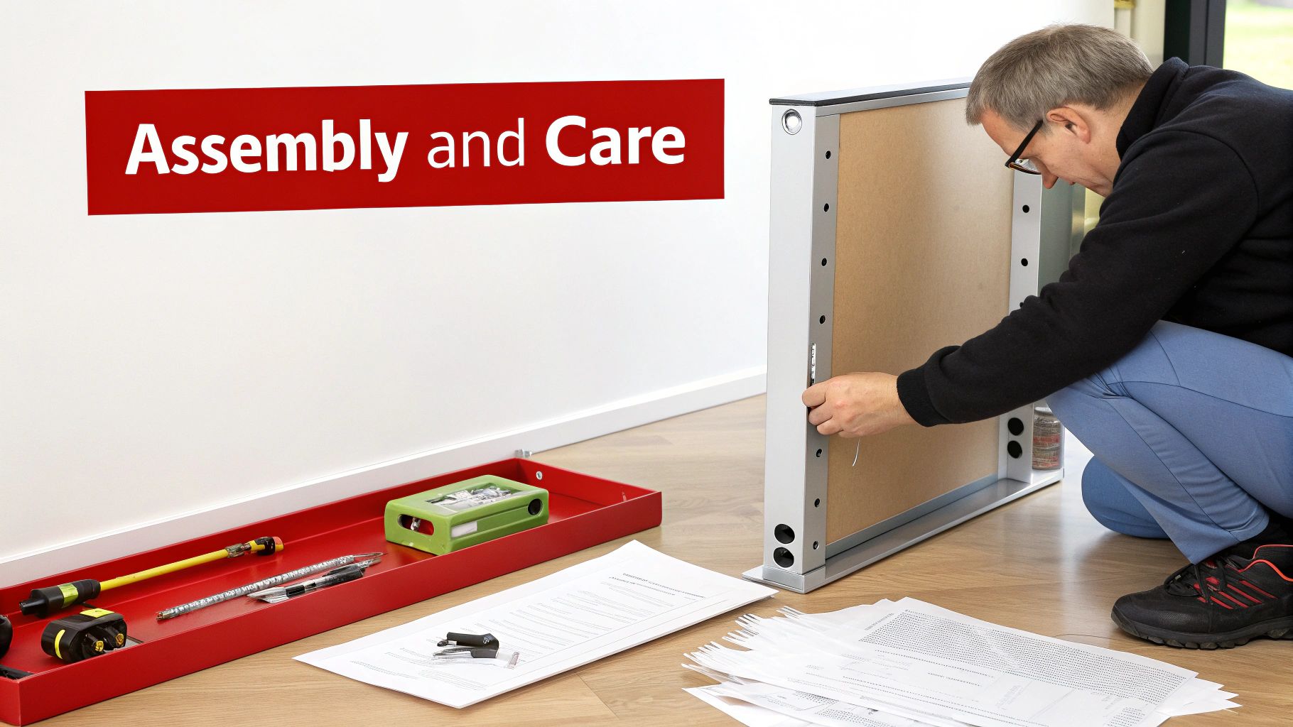 A person assembling a steel storage cabinet in a clean workshop environment.