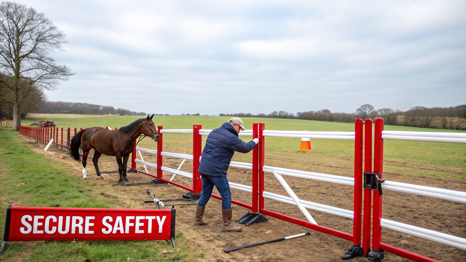 A horse looking over the top rail of a portable horse yard in a grassy field.