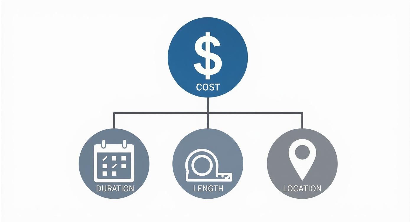 Hierarchical diagram showing cost factors including duration, length, and location for temporary fencing hire