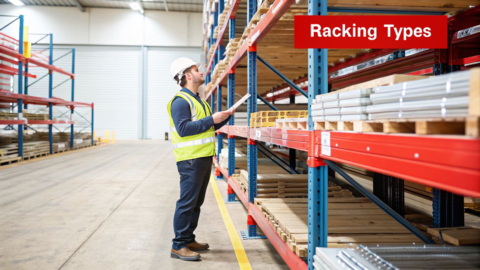 A warehouse manager with a clipboard inspecting pallet racking systems.