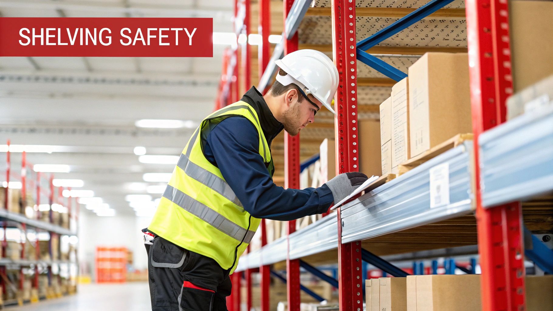 A man in a hard hat and safety vest inspecting shelving and inventory in a warehouse.