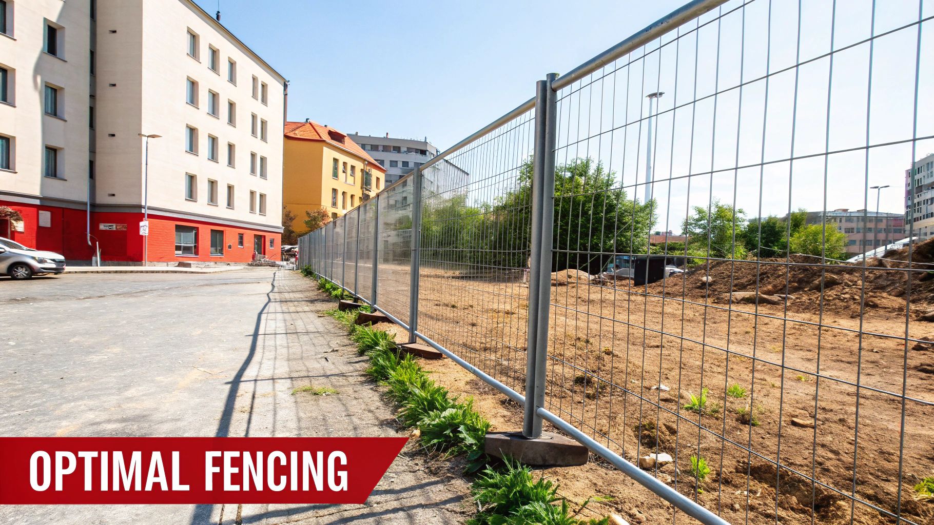 A row of temporary fencing panels installed at a construction site