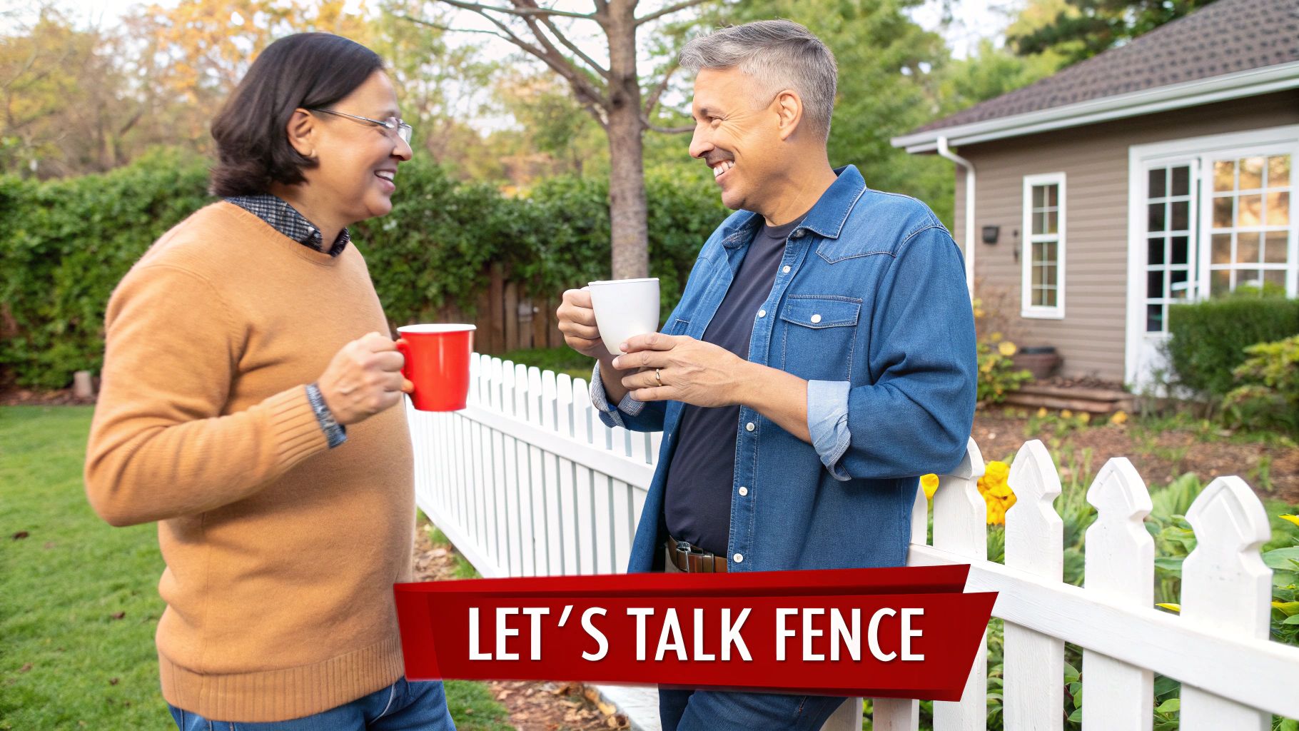 Two neighbours smiling and talking over a low garden fence.
