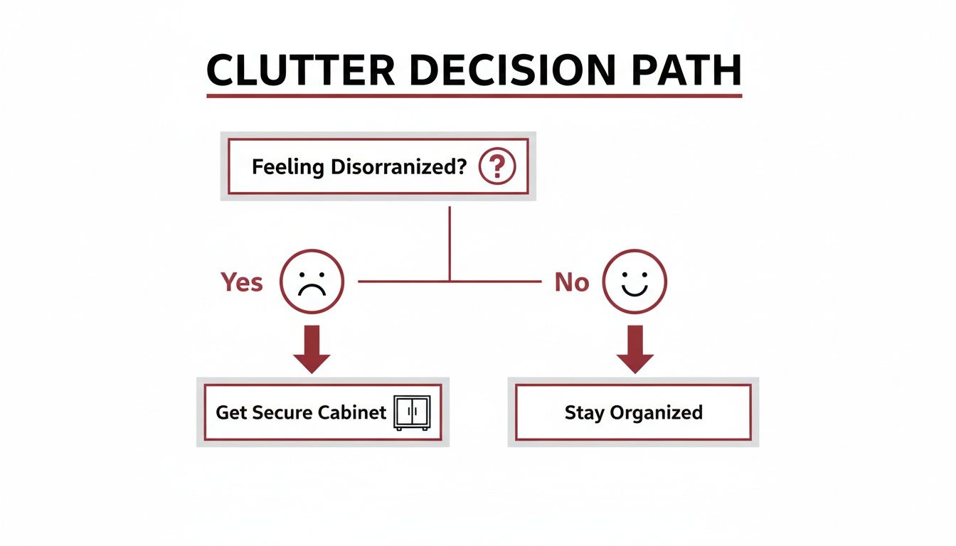 A flowchart titled 'Clutter Decision Path' showing solutions for feeling disorganized, including getting a secure cabinet.