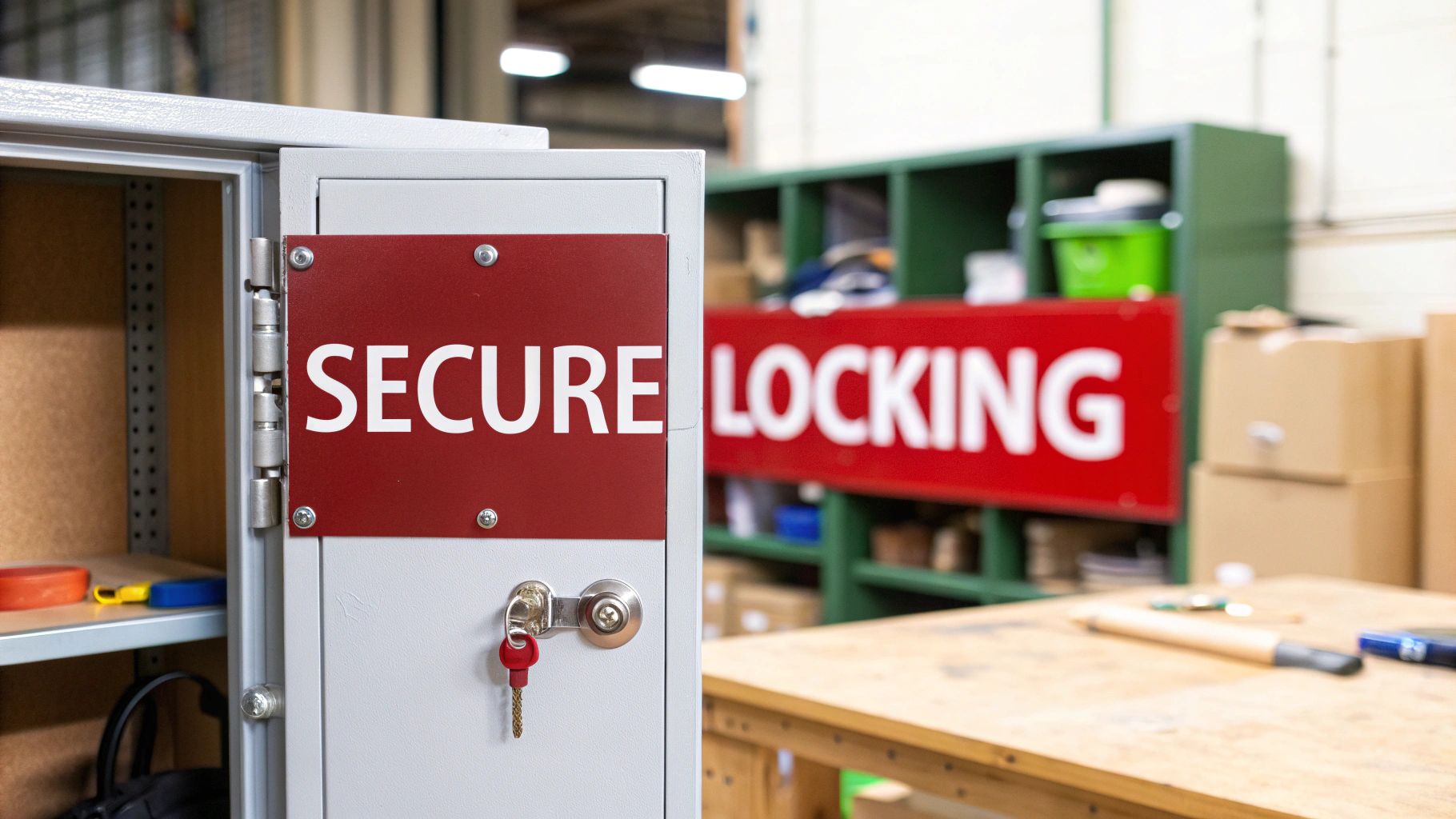An open grey storage cabinet with a red 'SECURE' sign, a key in the lock, and a 'LOCKING' sign in background.