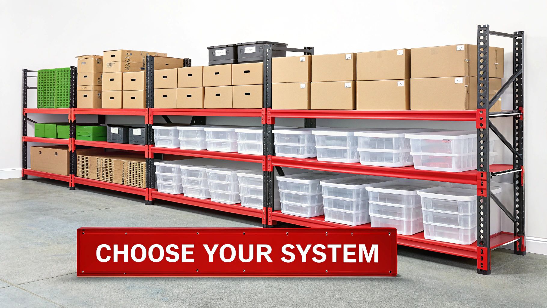 A well-organised warehouse with various storage bins and racks