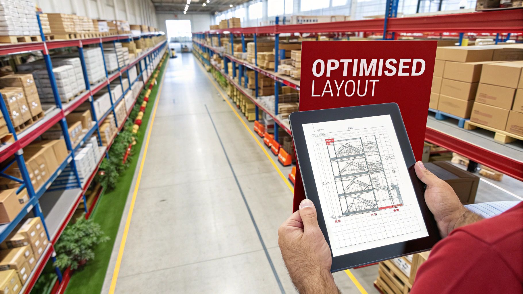 A person holding a tablet with a blueprint for an optimized warehouse layout, in a long aisle with pallet racks.