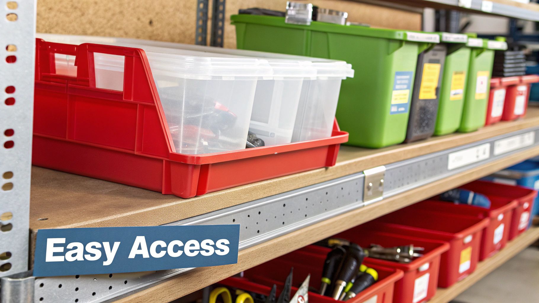 A neatly organised garage with items stored in labelled bins on sturdy shelving.