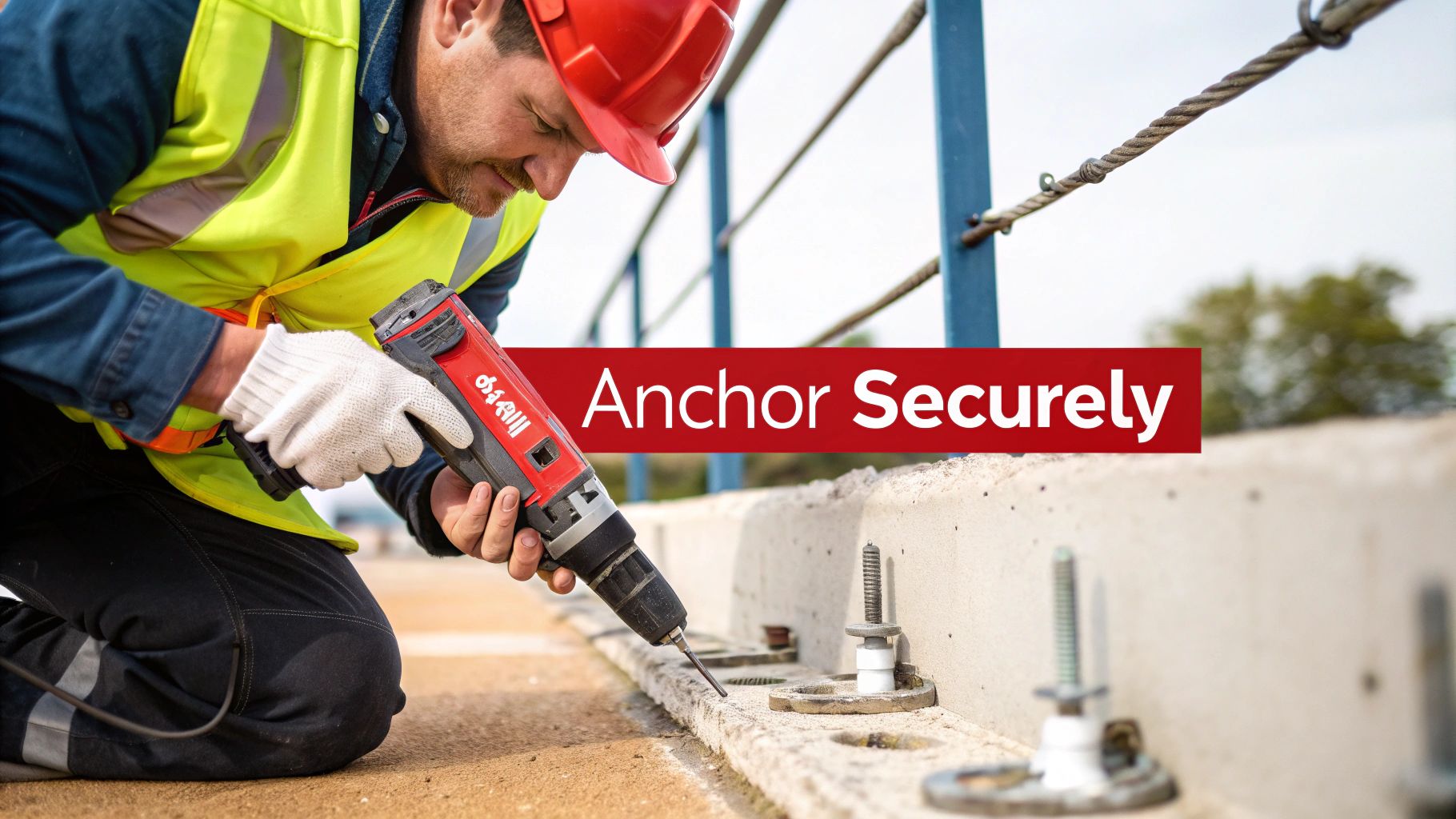A close-up shot of a pallet racking baseplate being securely anchored to a concrete warehouse floor.