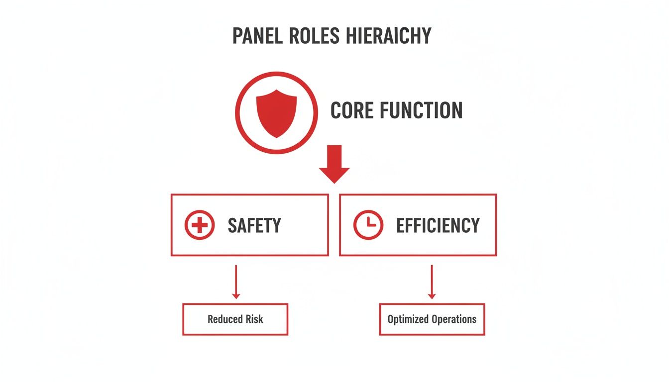 A diagram illustrating the panel roles hierarchy, showing core function leading to safety and efficiency, and their respective outcomes.