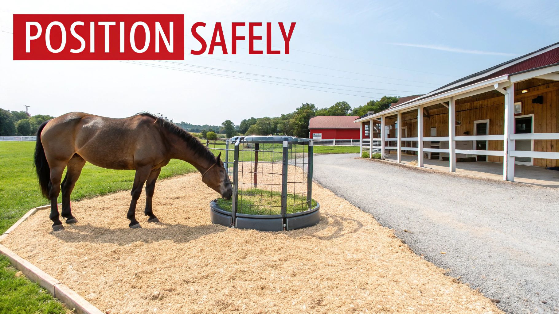 A brown horse eats hay from a circular feeder on wood shavings near a farm barn.
