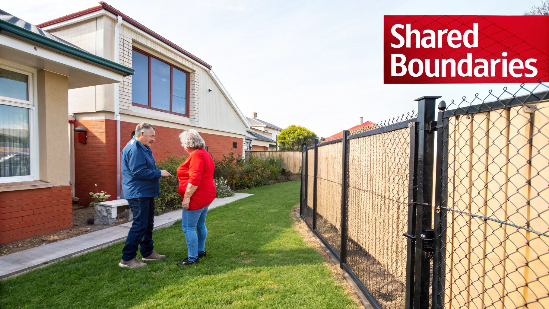 Two neighbours talking over a modern, stylish fence.