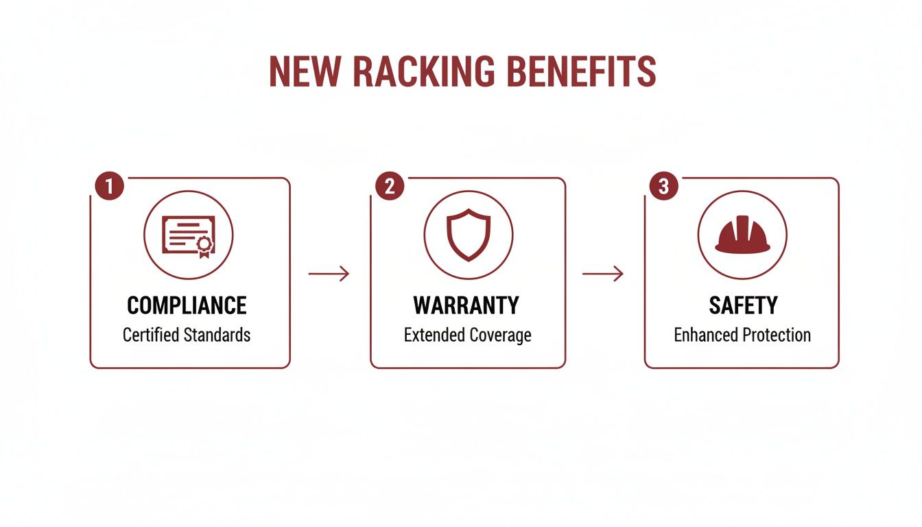 Visual representation outlining new racking benefits: compliance, extended warranty, and enhanced safety.