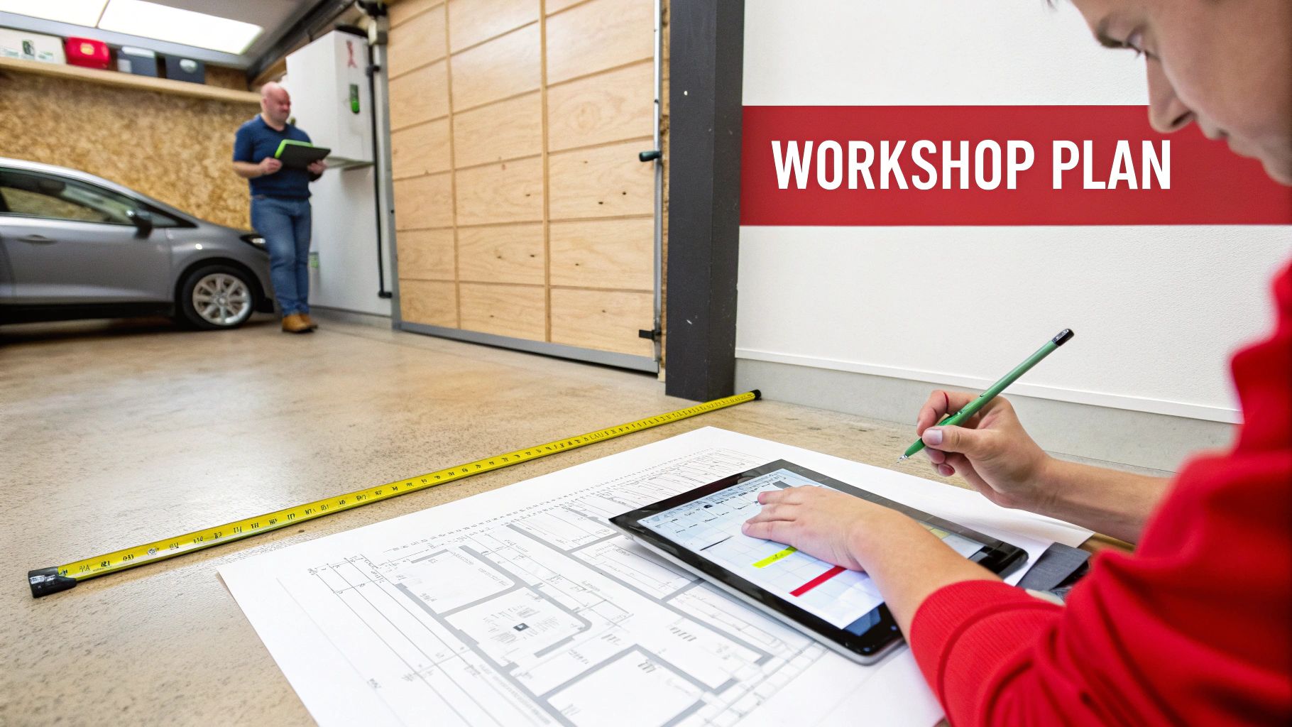 A person working at a sturdy garage workbench with organised tools.
