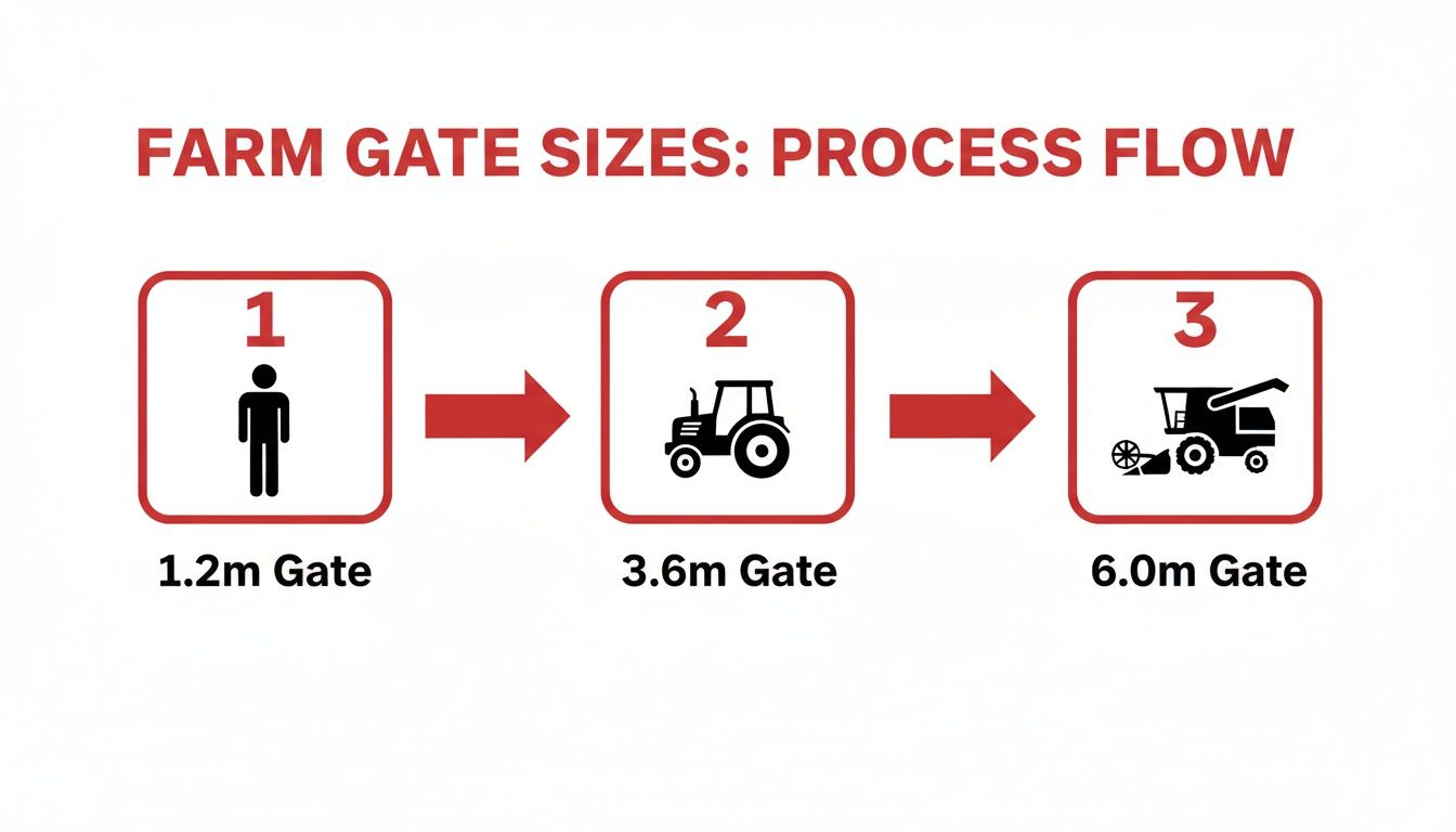Flow chart showing farm gate sizes for a person, tractor, and combine harvester.