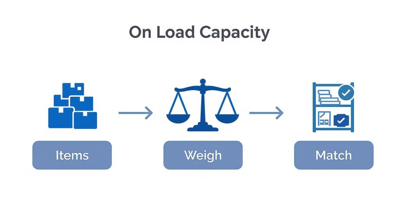 Infographic showing the process of weighing items and matching them to a shelf's load capacity.