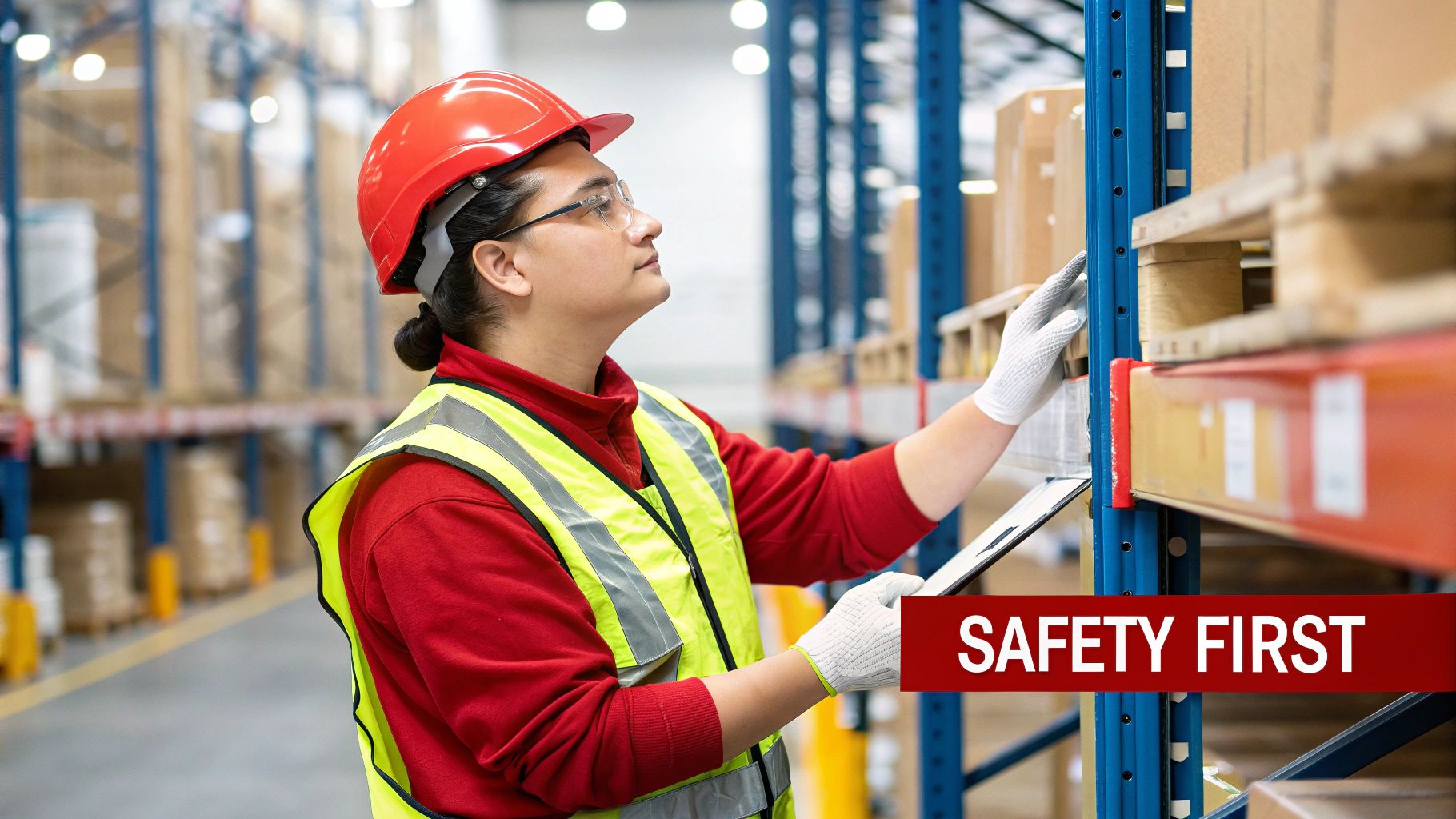 Warehouse interior showing properly installed and labelled racking systems, emphasizing safety and order.