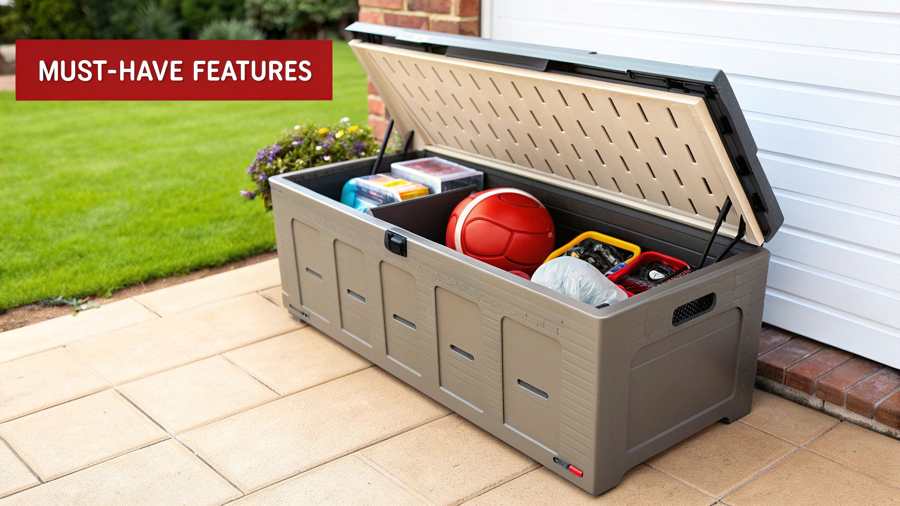 A person opening a grey outdoor storage bench on a patio to reveal organised items inside.
