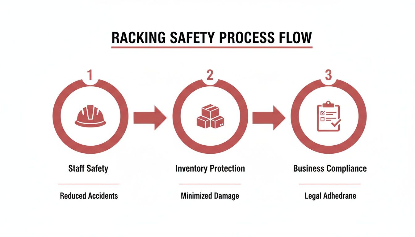 A three-step process flow diagram for racking safety, covering staff, inventory, and business compliance.