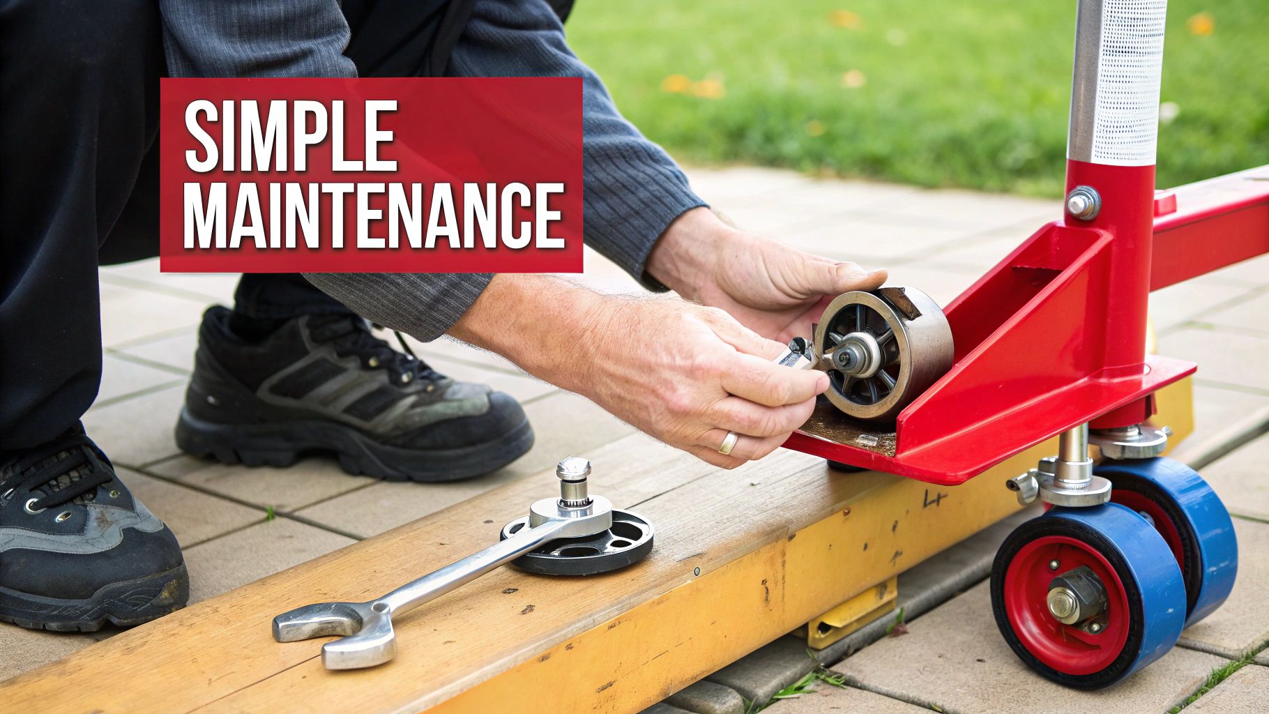 A close-up of the hydraulic cylinder on a lifting trolley, showing clean parts.