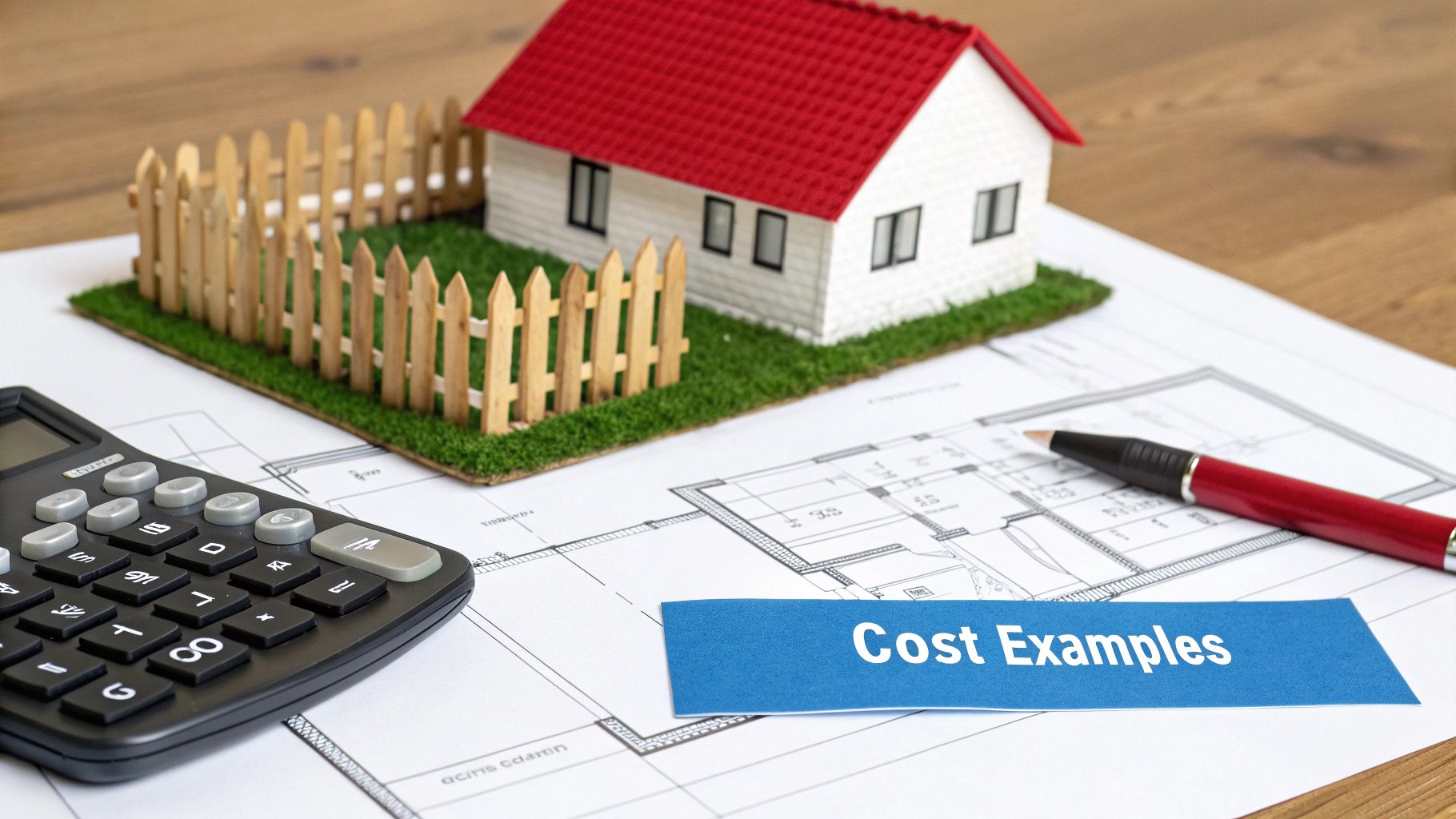 Model house with calculator and blueprints showing construction cost planning and budgeting examples