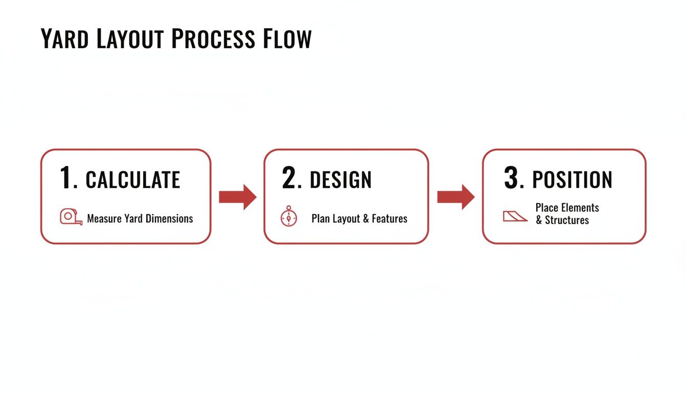 A three-step process flow for yard layout, including calculating, designing, and positioning elements.