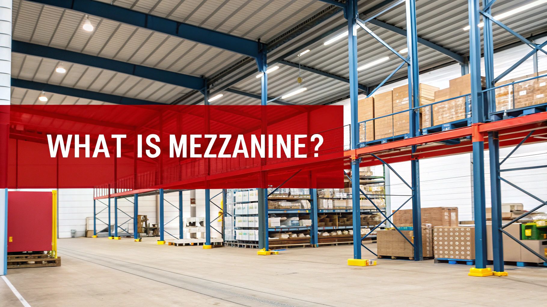 A large, modern warehouse with a newly installed mezzanine floor, showcasing the added vertical space.