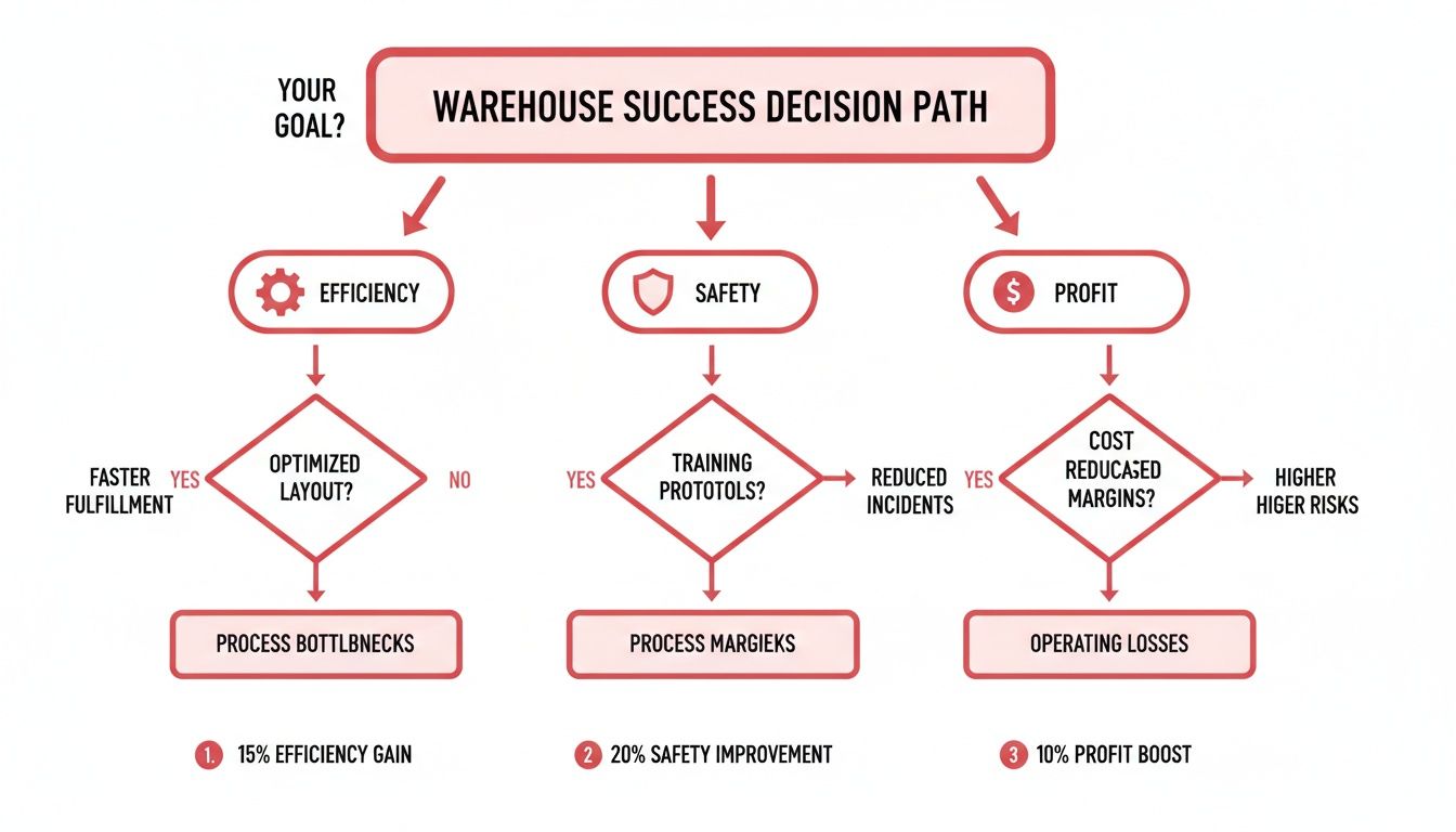 A warehouse success decision path flowchart detailing efficiency, safety, and profit objectives and outcomes.