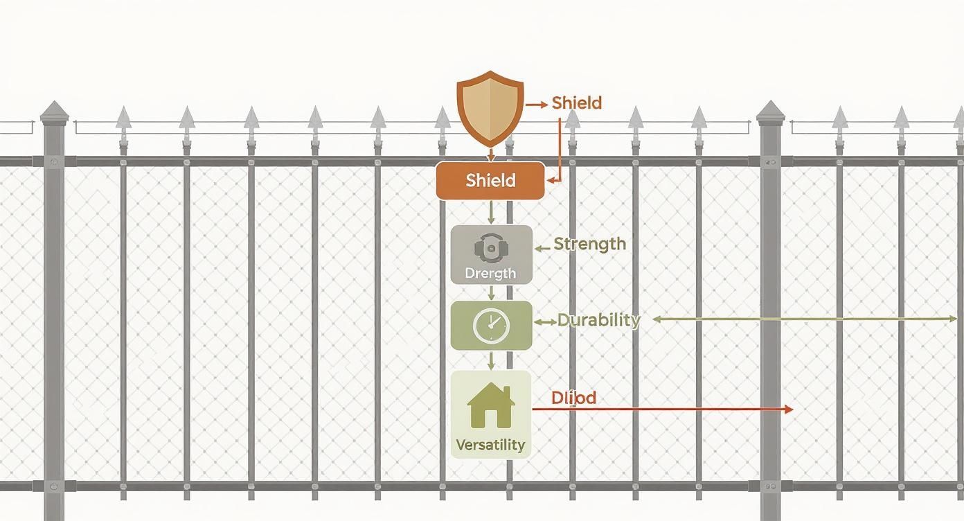 Diagram showing fence panel hierarchy from shield protection to strength, durability and versatility features
