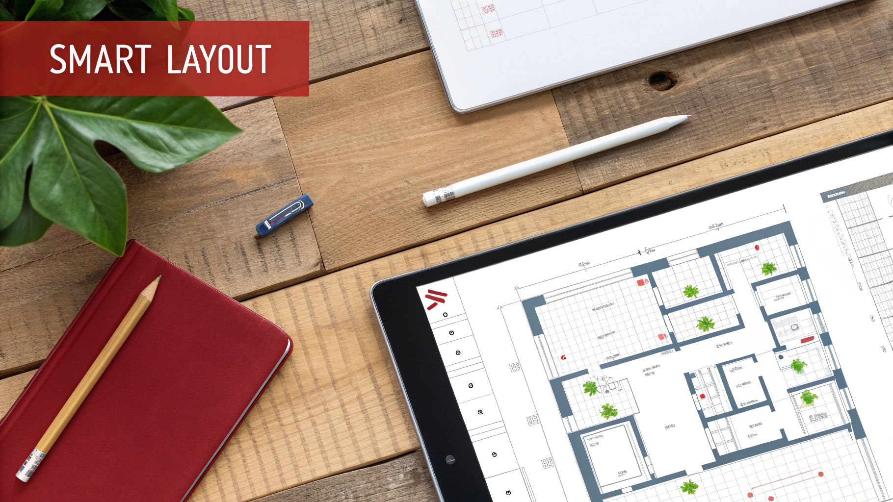 Overhead shot of a wooden desk workspace with a tablet displaying an architectural floor plan, stylus, and notebook.