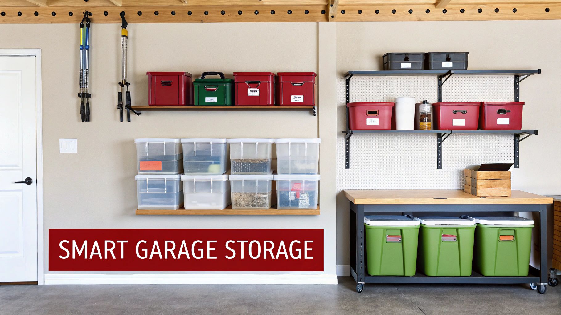 A brightly lit and well-organized garage featuring various smart storage solutions, shelves, bins, and a workbench.