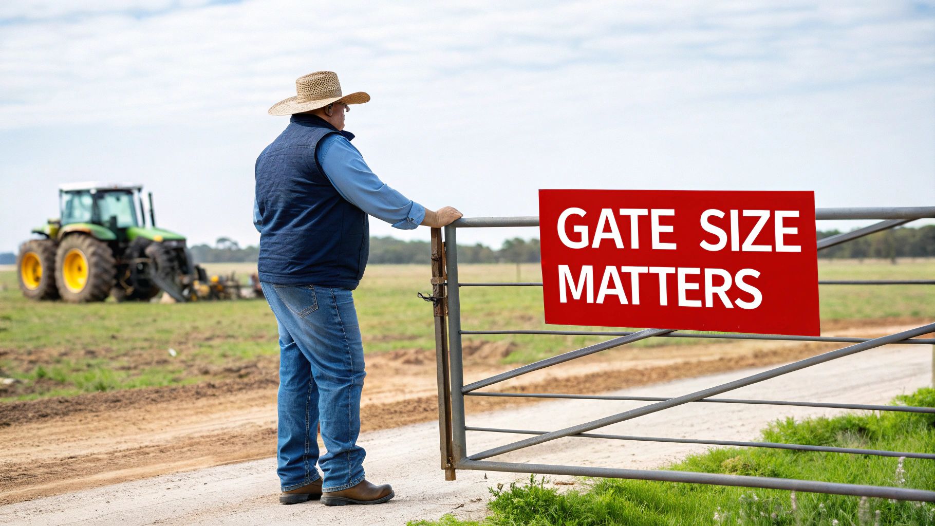 A farmer in a hat and vest leans on a metal gate with a 'GATE SIZE MATTERS' sign, a tractor in the background.