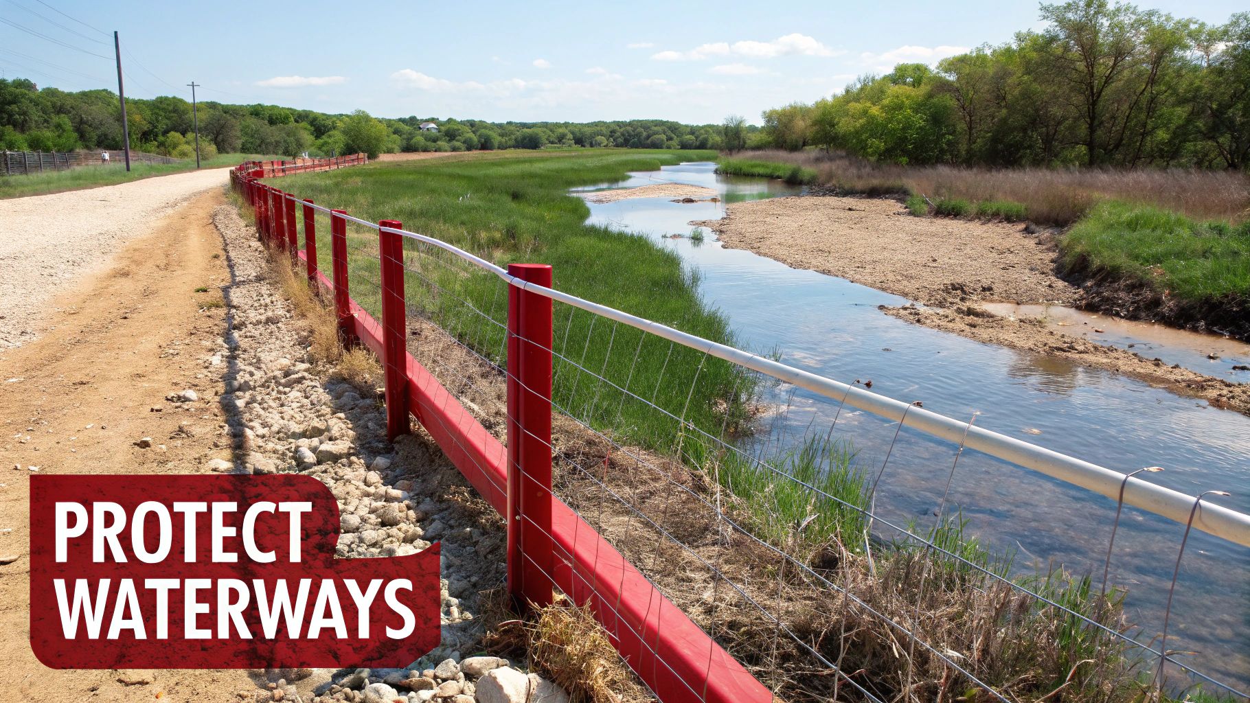 A red fence runs along a dirt road beside a winding waterway with green vegetation, promoting waterway protection.