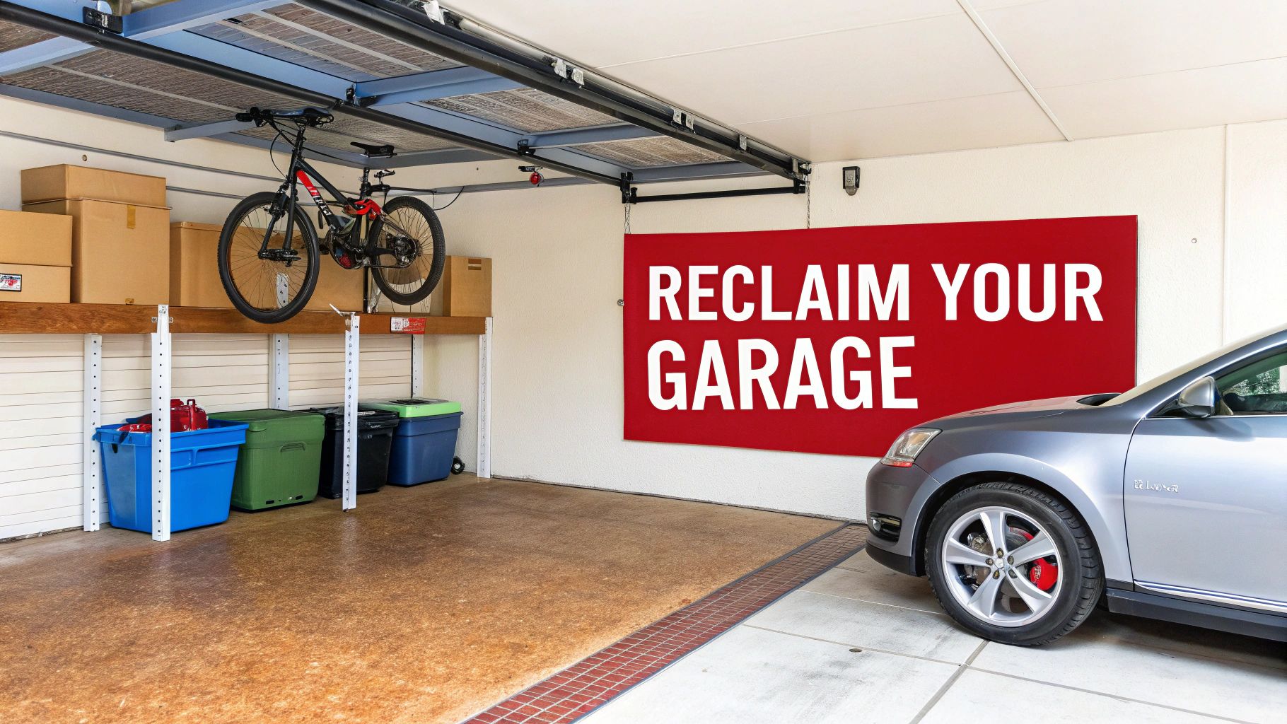 A tidy garage featuring a garage overhead storage rack from Super Rack, holding various storage bins.