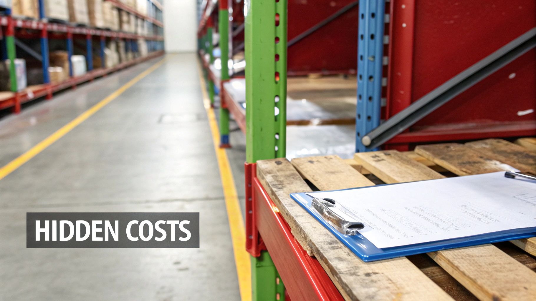 An industrial warehouse aisle with racks, a clipboard on a wooden pallet, and 'HIDDEN COSTS' text on the floor.