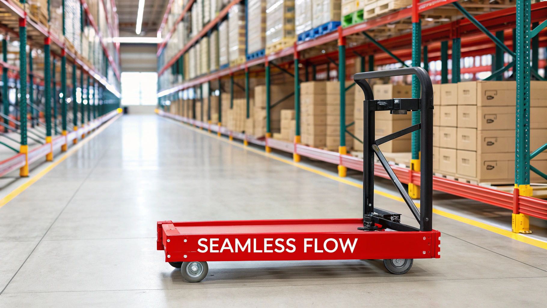 A warehouse worker efficiently using a platform trolley in an aisle lined with Super Rack storage systems.
