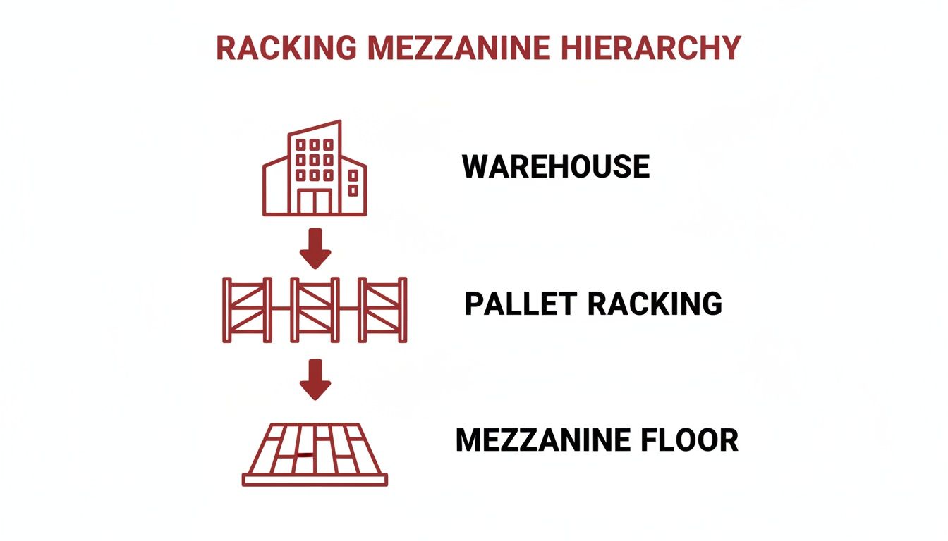 Visual hierarchy of a warehouse system, showing pallet racking leading to a mezzanine floor.
